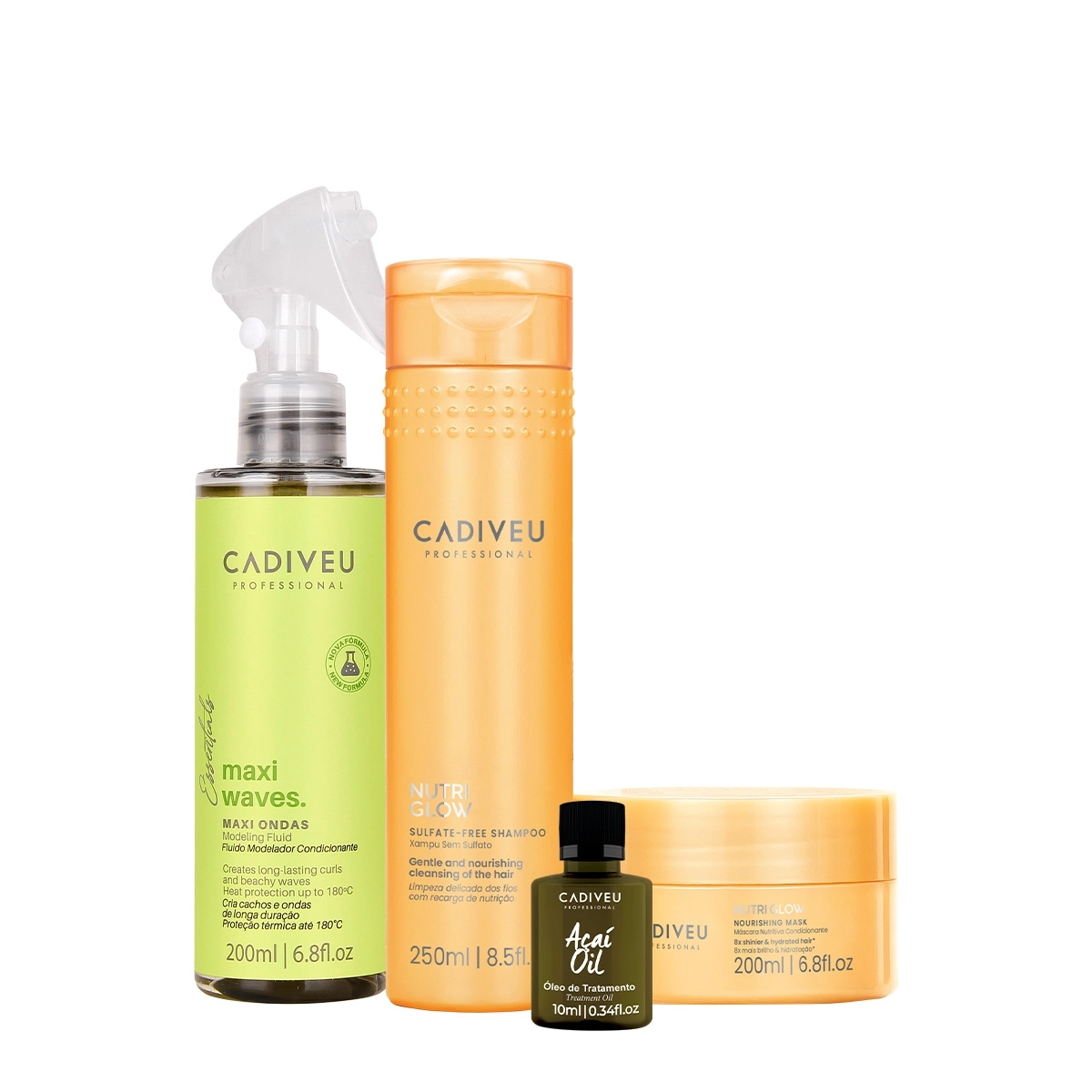 Kit Cadiveu Professional Nutri Glow Shampoo Máscara Maxi Ondas E Açaí Oil (4 Produtos)