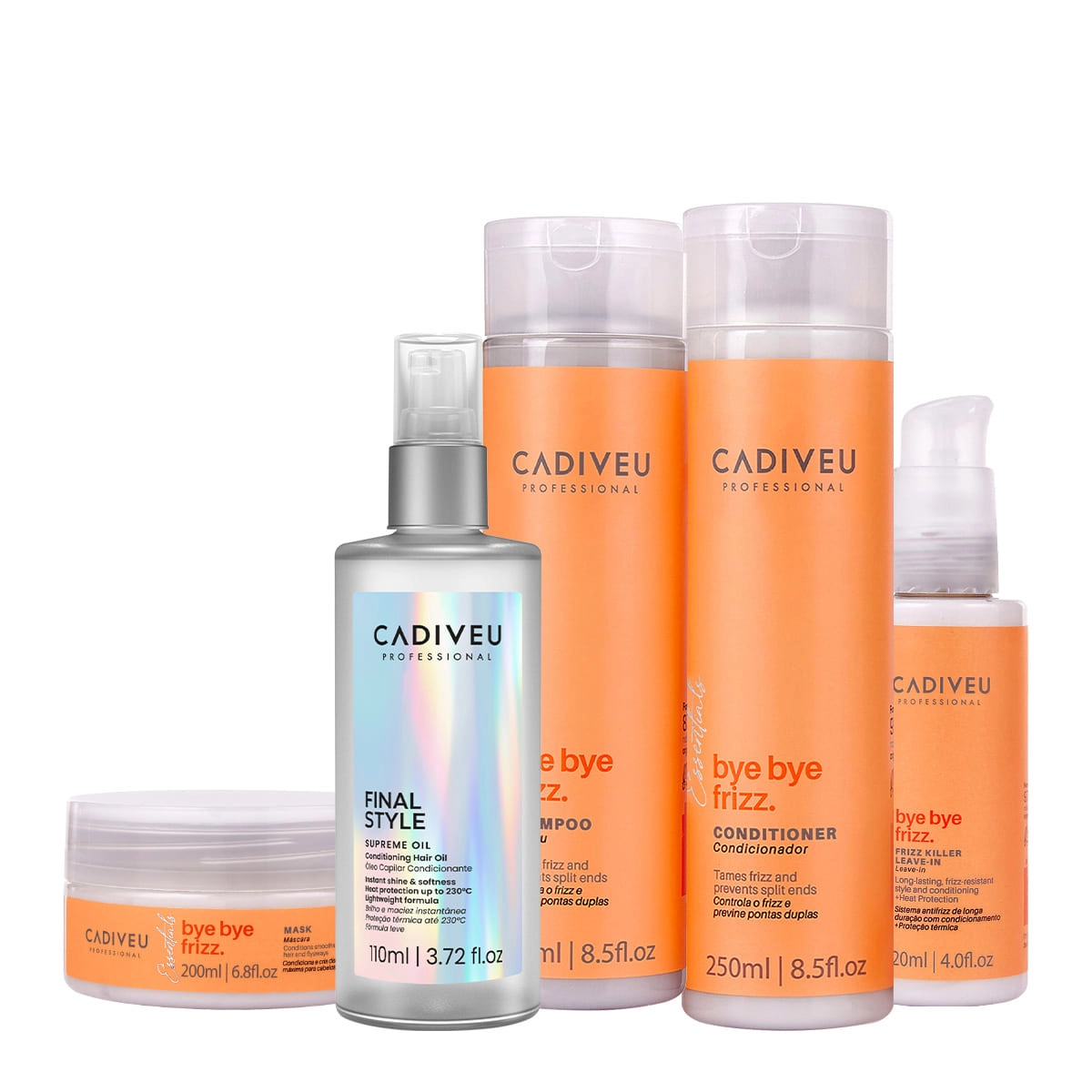 Kit Cadiveu Professional Bye Bye Frizz Hair Care Total E Final Style Oil G (5 Produtos)