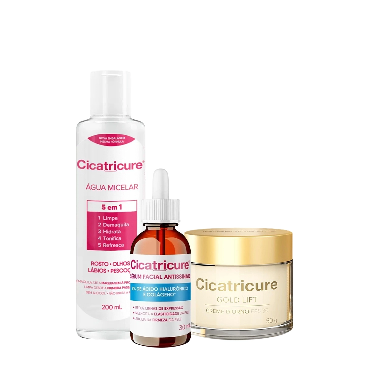 Produto Kit_Cicatricure_Gel_Creme_Antissinais_Diurno_FPS_30_Serum_Facial_Agua_Micelar_Evas_1
