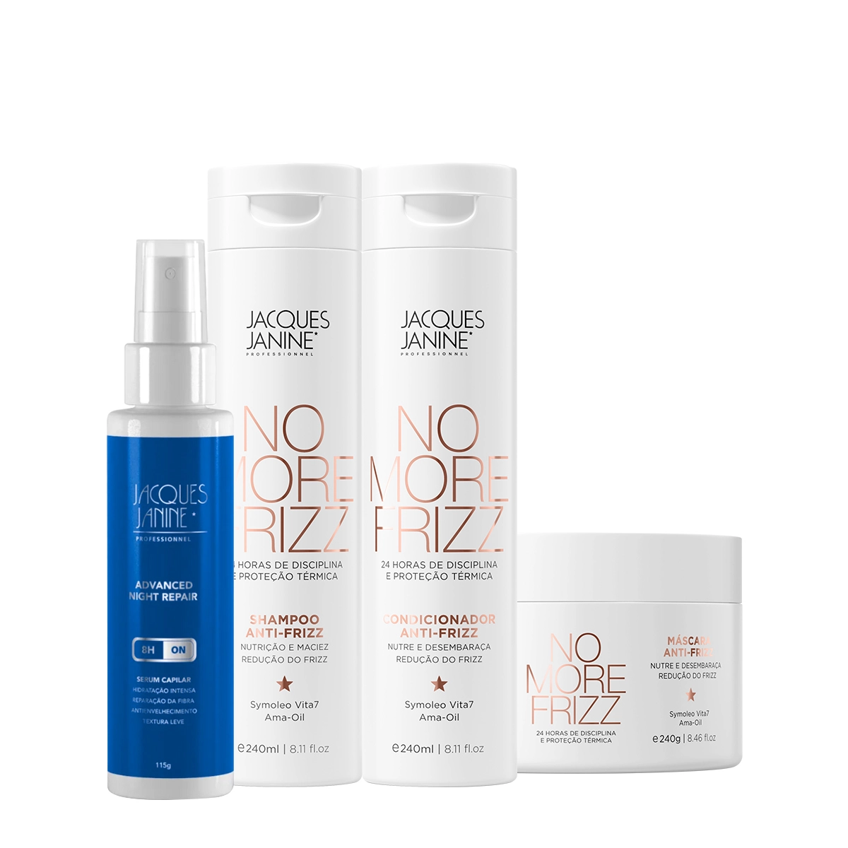 Produto Kit Jacques Janine Professionnel No More Frizz Shampoo Condicionador Máscara e NightSérum_Evas_1