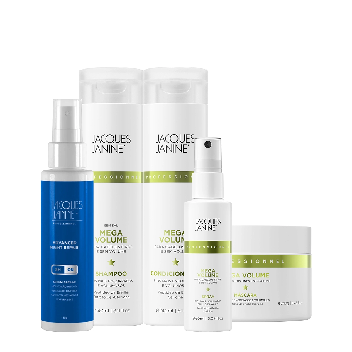 Produto Kit_Jacques_Janine_Professionnel_Mega_Volume_Shampoo_Condicionador_Mascara_Spray_P_e_Night_Serum_Evas_1