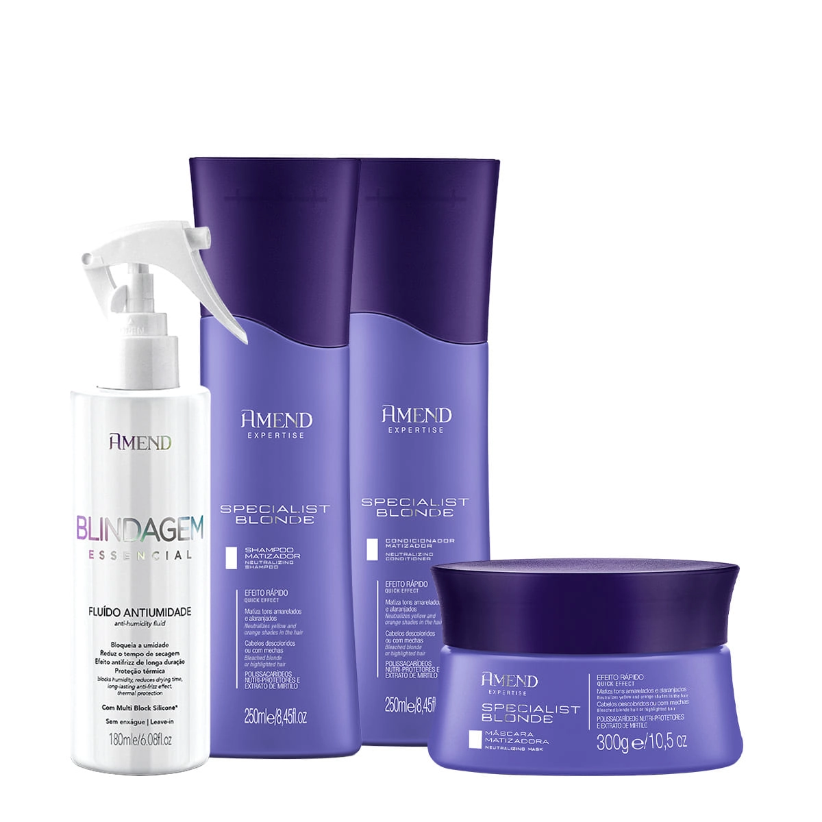 Produto Kit_Amend_Specialist_Blonde_Shampoo_Condicionador_Mascara_Fluido_Antiumidade_Evas_1