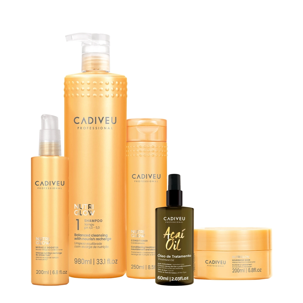 Kit Cadiveu Professional Nutri Glow Shampoo Condicionador Máscara Booster E Açaí Oil (5 Produtos)