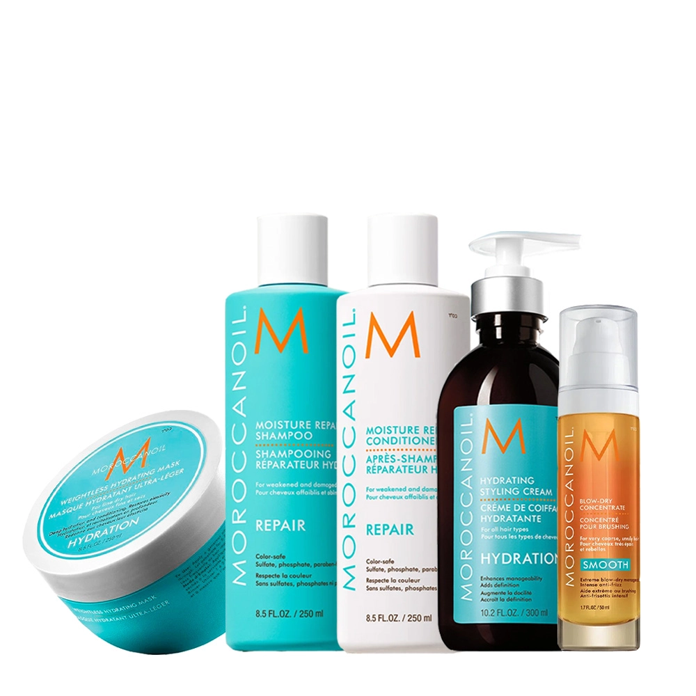 Produto Kit_Moroccanoil_Reparador_De_Umidade_Hidratante_Blow_Dry_Concentrate_Hyration_Shampoo_Condicionador_250ml_Creme_De_Pentear_300ml_Acelerador_De_Secagem_50ml_Mascara_De_Hidratacao_Light_250ml_Evas_1