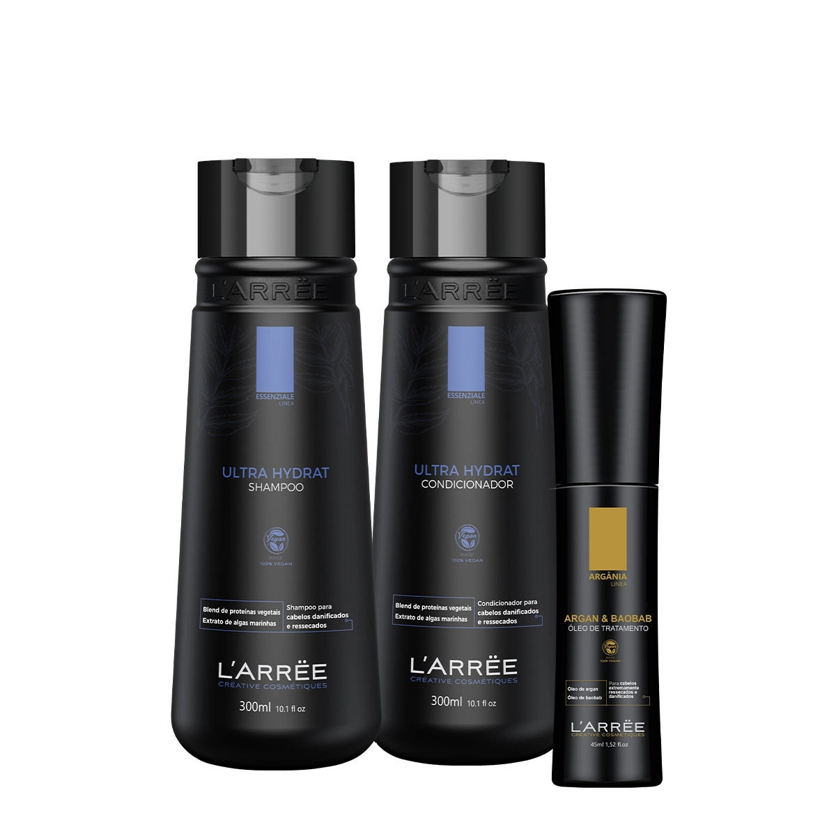 Produto Kit_LARREE_Essenziale_Ultra_Hydrat_Shampoo_Condicionador_e_Argan_e_Baobab_Oleo_de_Tratamento_Evas_1