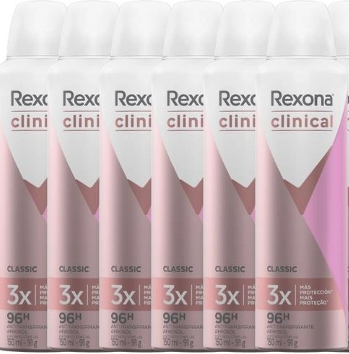 Desodorante Aerosol Rexona Clinical Feminino Classic 150ml - 6 unidades Produto: Desodorante Aerosol Rexona Clinical Feminino Classic 150ml - 6 unidades