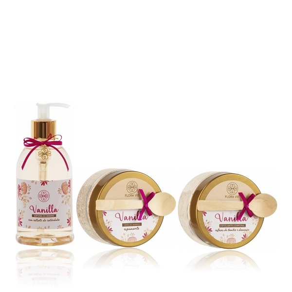 Produto: Flora Vie Vanilla Espuma de Banho 380ml Esfoliante Corporal e Sais de Banho 200g