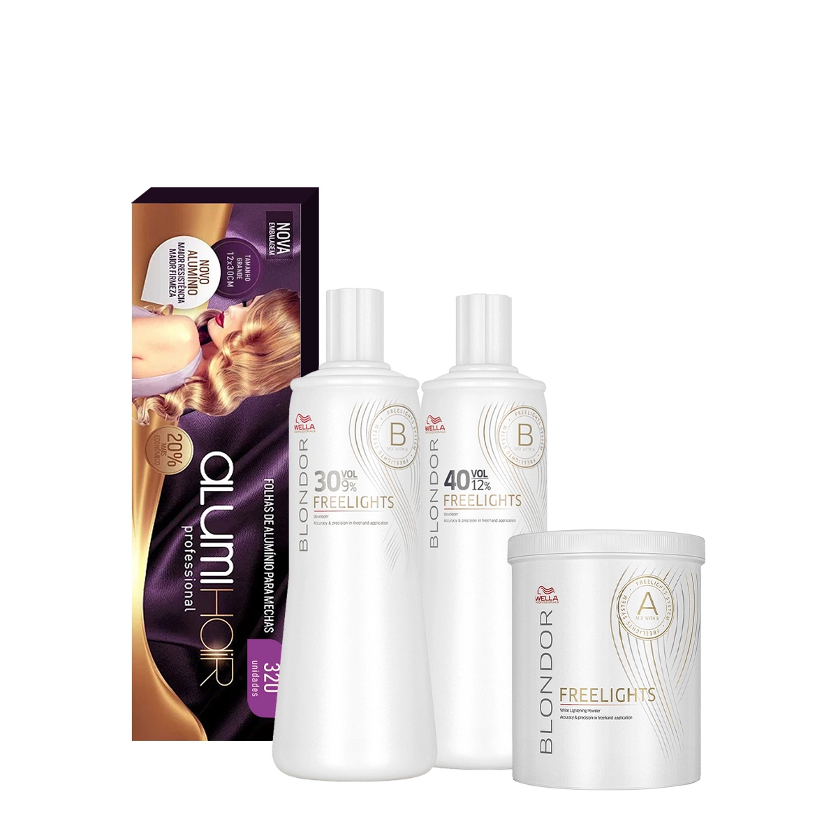 Produto: Kit Wella Professionals Freelights Oxidantes 9% 30 Volumes e 12% 40 Volumes + Pó Descolorante e Alumi Hair (4 produtos)
