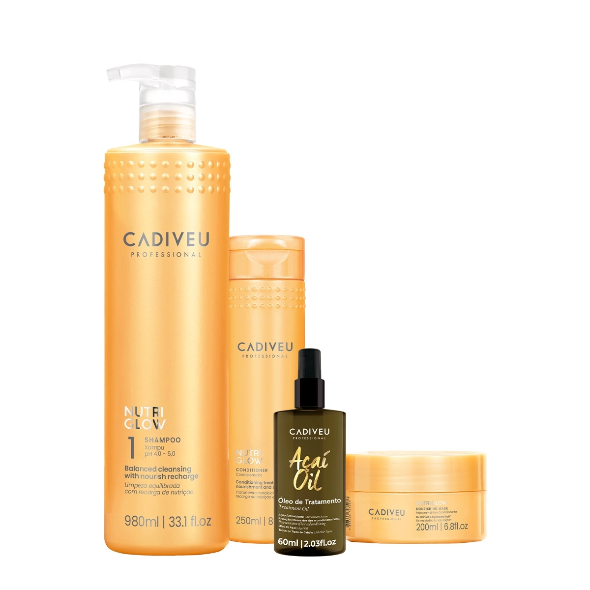 Kit Cadiveu Professional Nutri Glow Shampoo G Condicionador Máscara P e Açaí Oil 60 (4 produtos) Produto: Kit Cadiveu Professional Nutri Glow Shampoo G Condicionador Máscara P e Açaí Oil 60 (4 produtos)