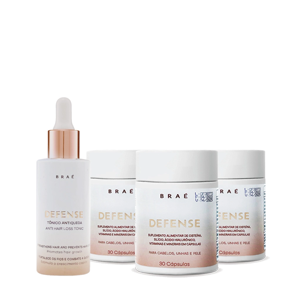 Kit Braé Defense Antiqueda Hair Loss Tônico e Suplemento Capilar (4 produtos) Produto: Kit Braé Defense Antiqueda Hair Loss Tônico e Suplemento Capilar (4 produtos)