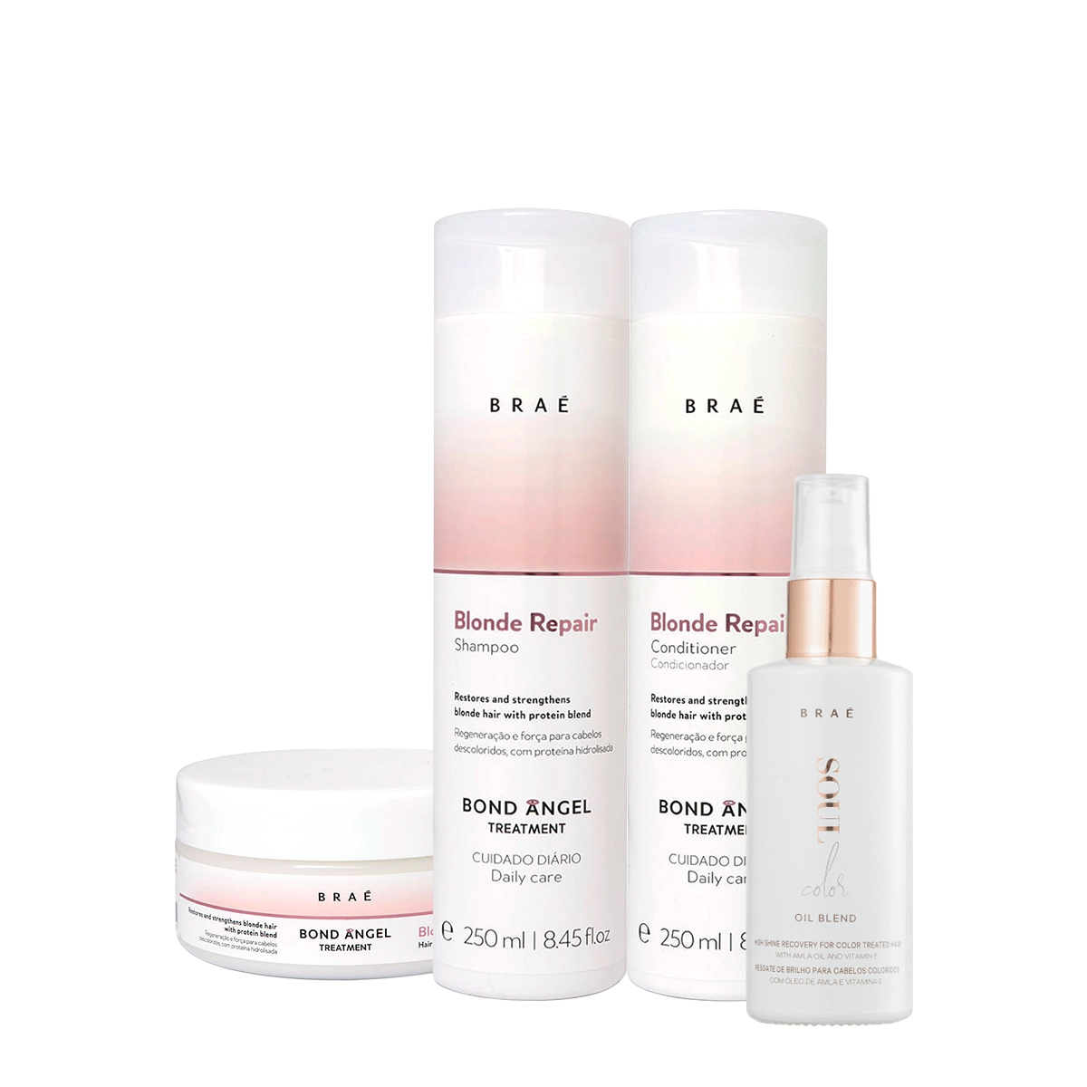 Produto: Kit Braé Blond Repair Shampoo Condicionador Máscara e Soul Color Oil Blend (4 produtos)