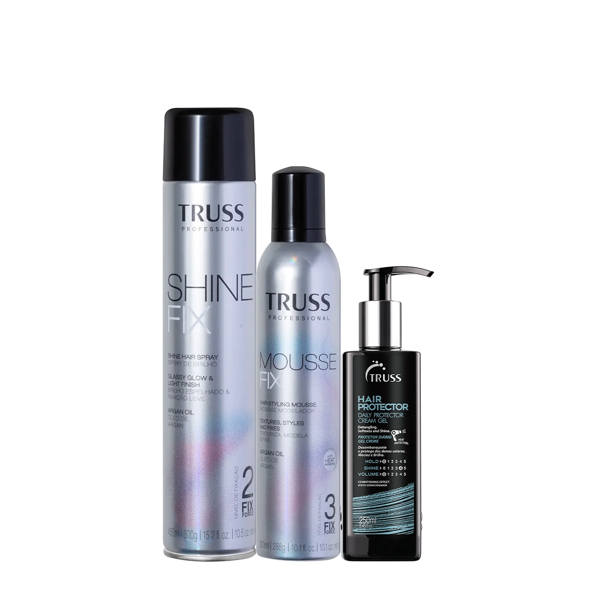 Produto: Kit Truss Mousse Fix Mousse Modelador Shine Spray de Brilho e Hair Protector (3 produtos)