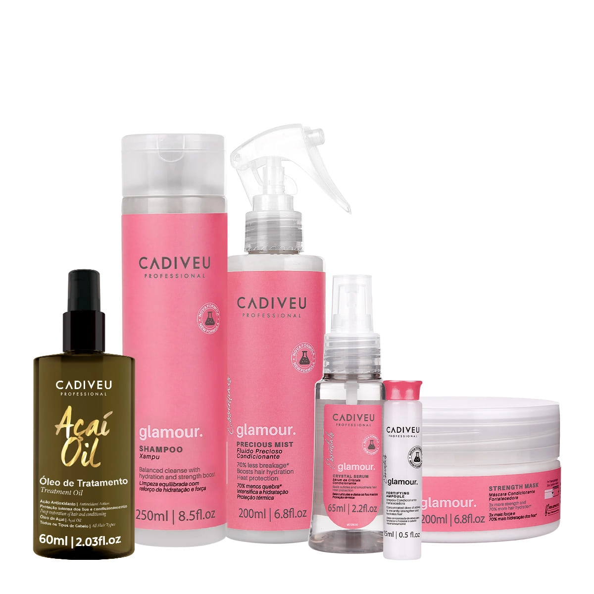 Kit Cadiveu Professional Essentials Glamour Shampoo Máscara Fluído Ampola Sérum e Açaí Oil (6 produtos) Produto: Kit Cadiveu Professional Essentials Glamour Shampoo Máscara Fluído Ampola Sérum e Açaí Oil (6 produtos)