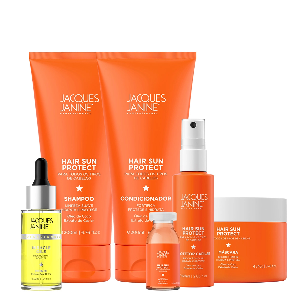 Produto: Kit Jacques Janine Hair Sun Protect Shampoo Condicionador Máscara Spray Capilar e Miracle Oils Monoi (5 produtos)