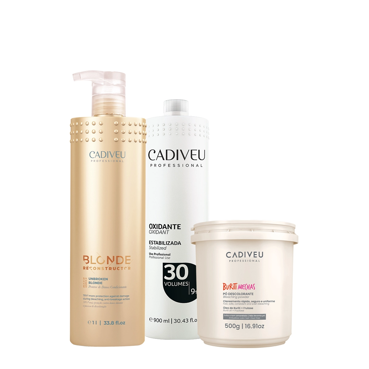 Produto: Kit Cadiveu Professional Blonde Reconstructor Unbroken Buriti Mechas e Oxidante 30 volumes (3 produtos)