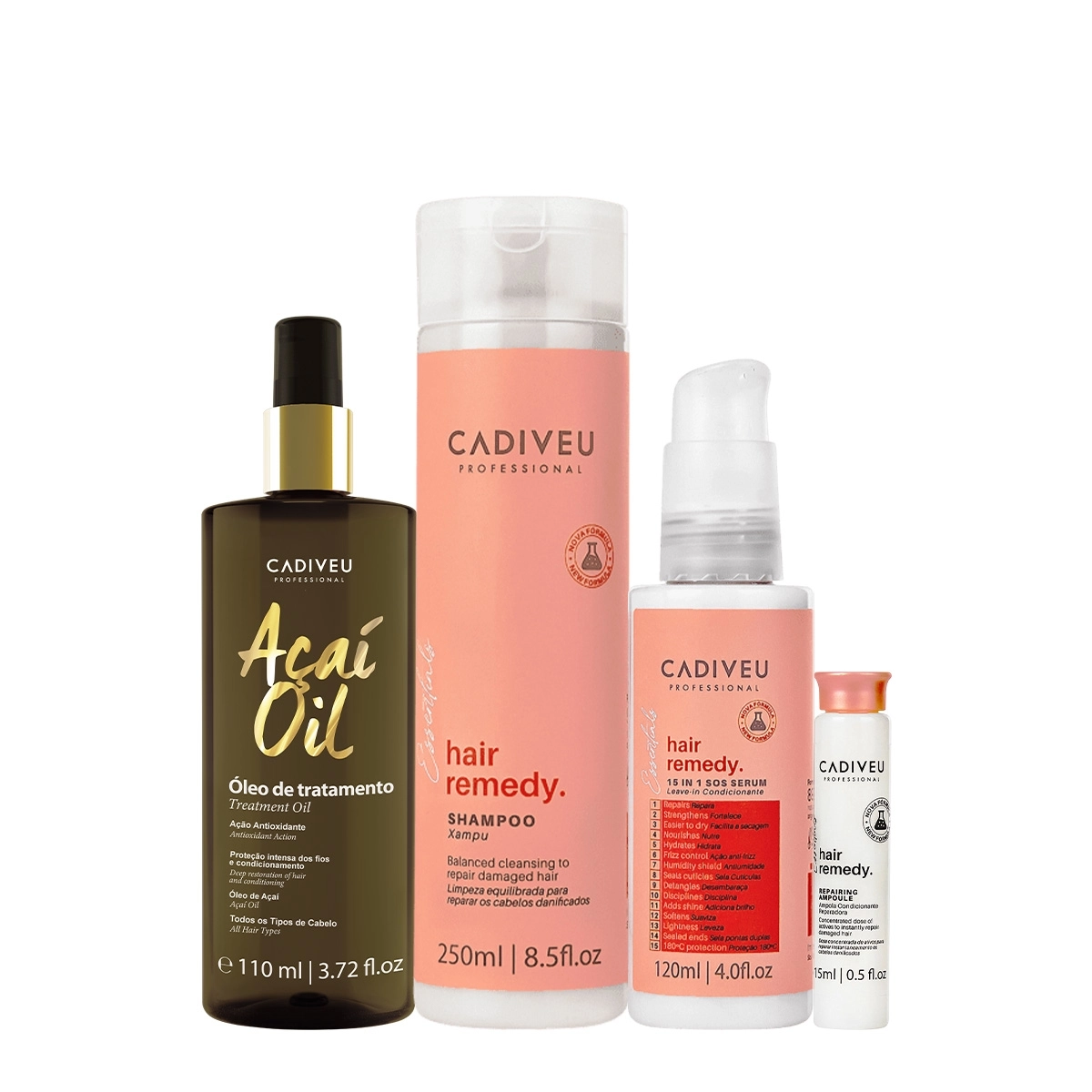 Kit Cadiveu Essentials Hair Remedy Shampoo Leave-in SOS Sérum Ampola e Açaí Oil 110 (4 produtos) Produto: Kit Cadiveu Essentials Hair Remedy Shampoo Leave-in SOS Sérum Ampola e Açaí Oil 110 (4 produtos)
