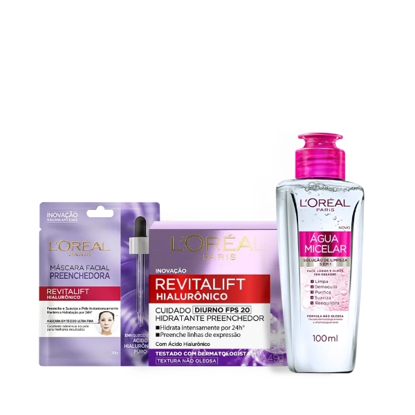 Produto: L’Oréal Paris Tratamento Hialurônico Creme Anti-Idade 49g Máscara Facial e Água Micelar 100ml