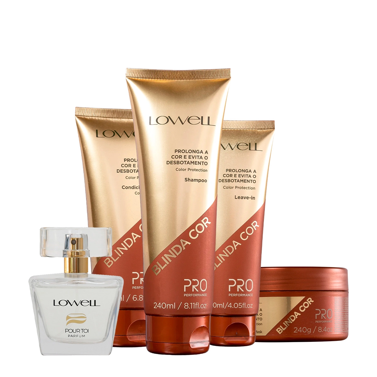 Produto: Kit Lowell Blinda Cor Pro Performance Shampoo Condicionador Máscara Leave-in e Pour Toi Parfum (5 produtos)