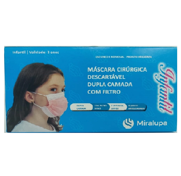 Mascara Cirurgica Dupla Camada com Filtro - Infantil Rosa C/50 Produto: Mascara Cirurgica Dupla Camada com Filtro - Infantil Rosa C/50