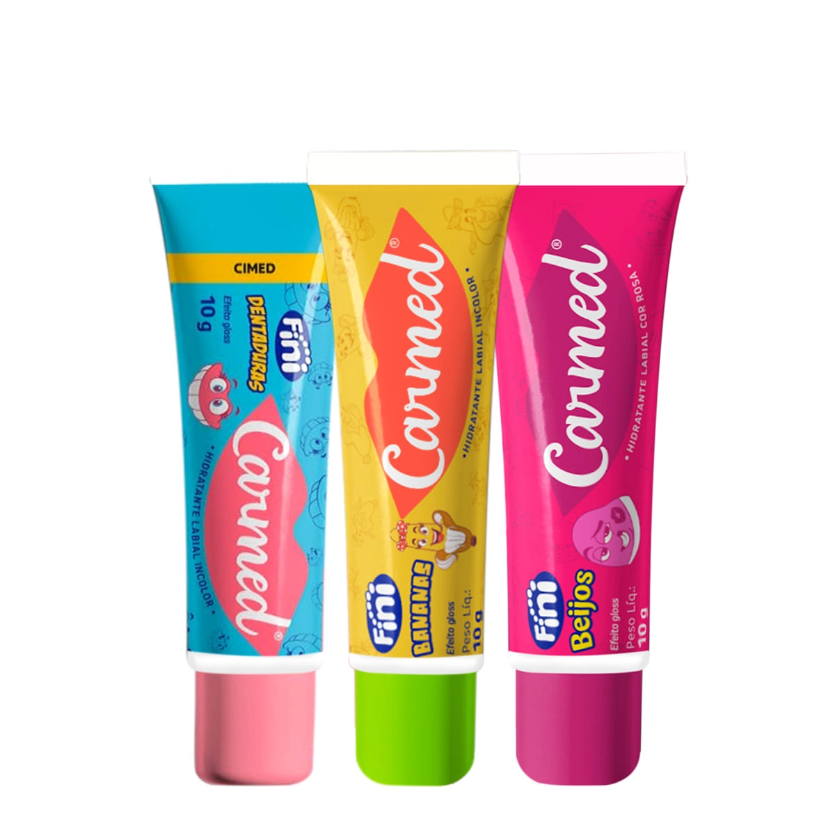 Produto: Kit Carmed Fini Dentadura Bananas Beijos Hidratante Labial (3 produtos)