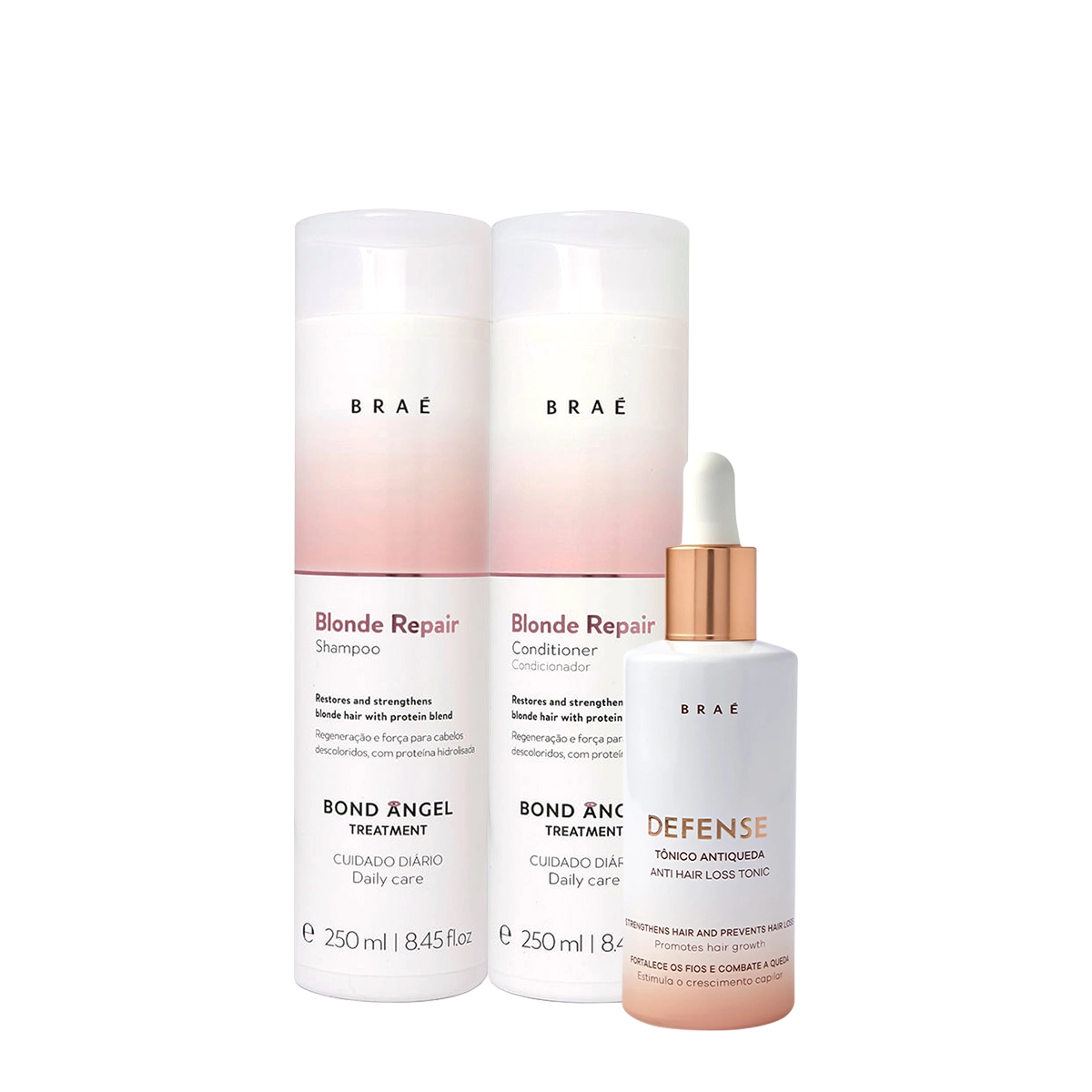 Produto: Kit Braé Blond Repair Shampoo Condicionador e Defense Antiqueda Hair Loss Tônico Capilar (3 produtos)