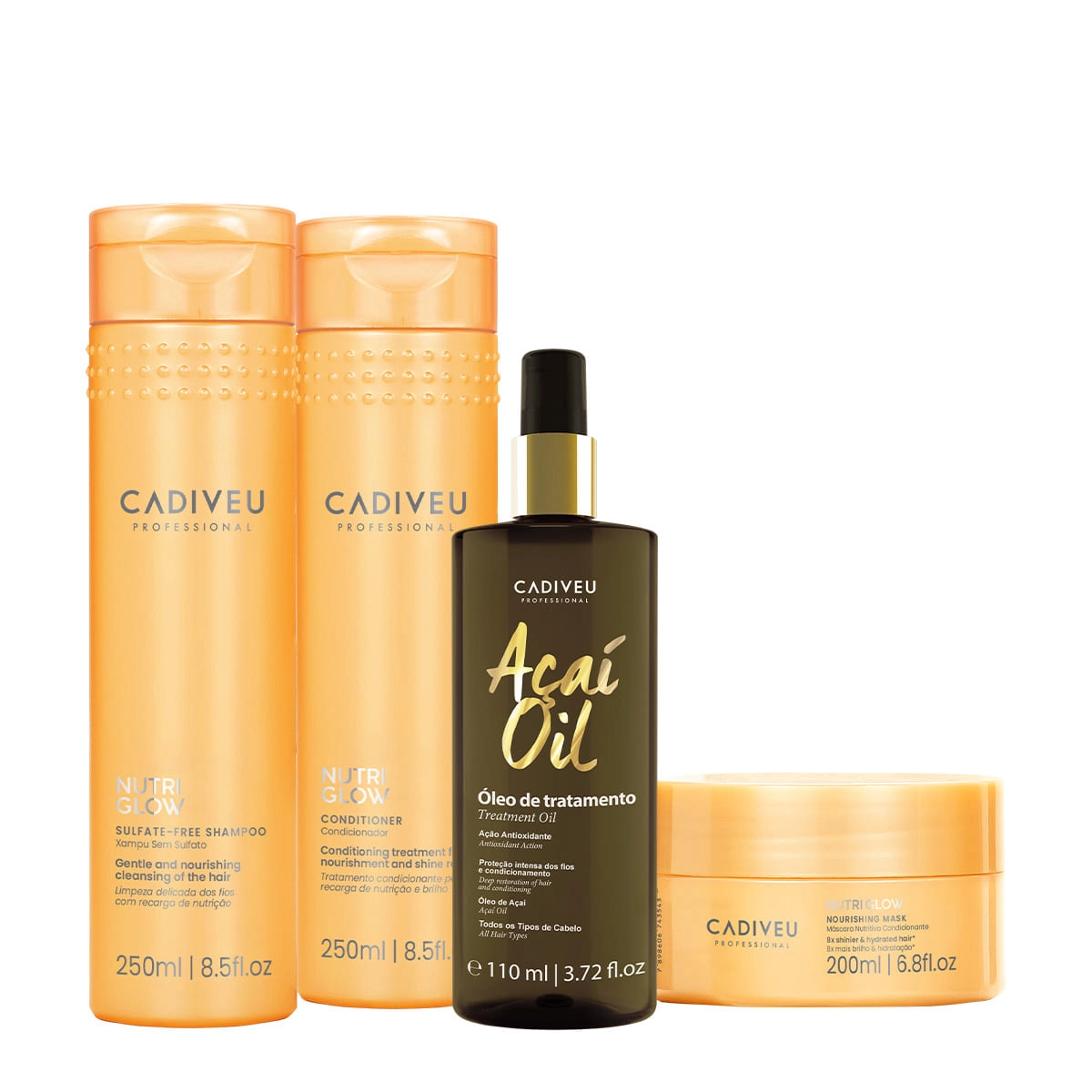 Kit Cadiveu Professional Nutri Glow Shampoo Condicionador Máscara P e Açaí Oil 110 (4 produtos) Produto: Kit Cadiveu Professional Nutri Glow Shampoo Condicionador Máscara P e Açaí Oil 110 (4 produtos)