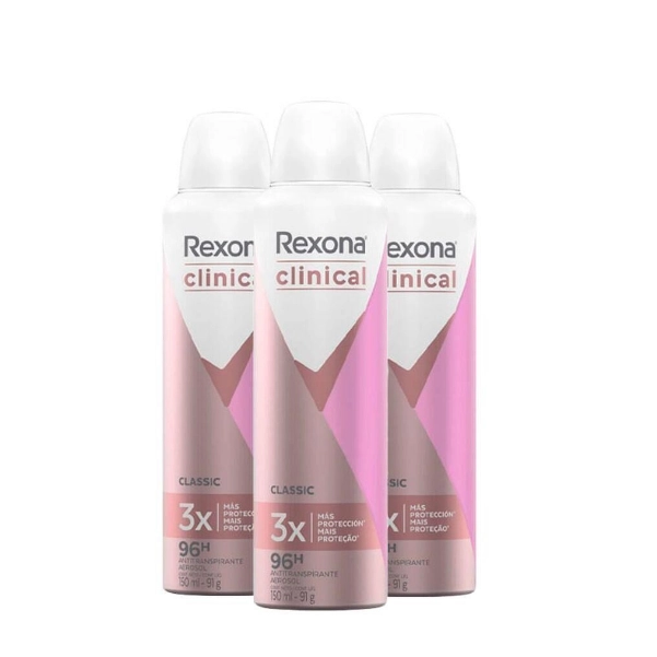 Desodorante Aerosol Rexona Clinical Feminino Classic 150ml 3 unidades Produto: Desodorante Aerosol Rexona Clinical Feminino Classic 150ml 3 unidades