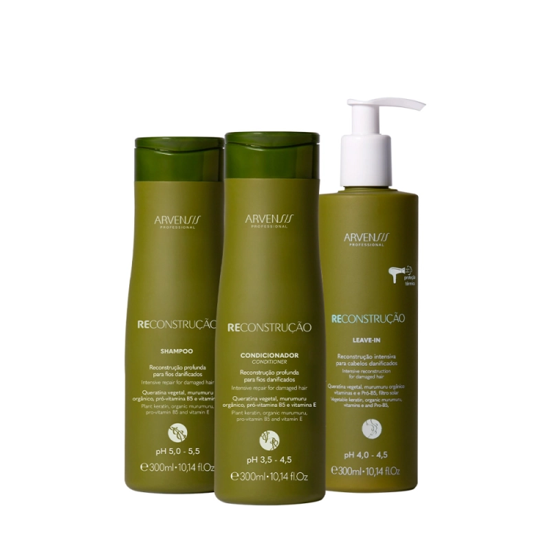 Kit Arvensis Cosméticos Naturais Reconstrução Shampoo Condicionador e Leave-in (3 produtos) Produto: Kit Arvensis Cosméticos Naturais Reconstrução Shampoo Condicionador e Leave-in (3 produtos)