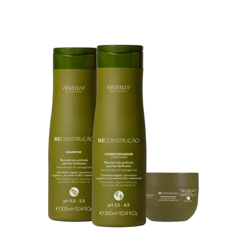 Kit Arvensis Cosméticos Naturais Reconstrução Shampoo Condicionador e Máscara (3 produtos) Produto: Kit Arvensis Cosméticos Naturais Reconstrução Shampoo Condicionador e Máscara (3 produtos)
