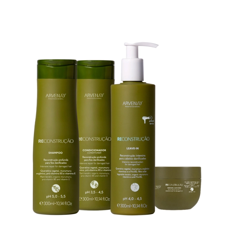 Kit Arvensis Cosméticos Naturais Reconstrução Shampoo Condicionador Máscara e Leave-in (4 produtos) Produto: Kit Arvensis Cosméticos Naturais Reconstrução Shampoo Condicionador Máscara e Leave-in (4 produtos)