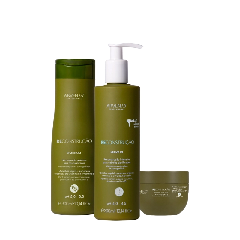 Kit Arvensis Cosméticos Naturais Reconstrução Shampoo Máscara e Leave-in (3 produtos) Produto: Kit Arvensis Cosméticos Naturais Reconstrução Shampoo Máscara e Leave-in (3 produtos)