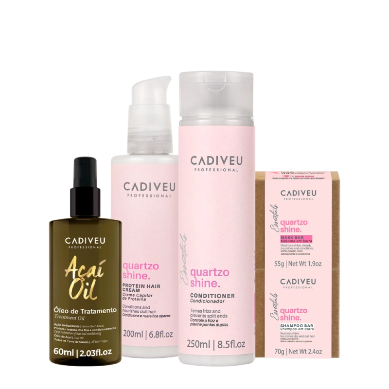 Kit Cadiveu Professional Essentials Quartzo Shine Shampoo Barra Condicionador Máscara Barra Pré-Shampoo e Açaí Oil 60 (5 Produto: Kit Cadiveu Professional Essentials Quartzo Shine Shampoo Barra Condicionador Máscara Barra Pré-Shampoo e Açaí Oil 60 (5