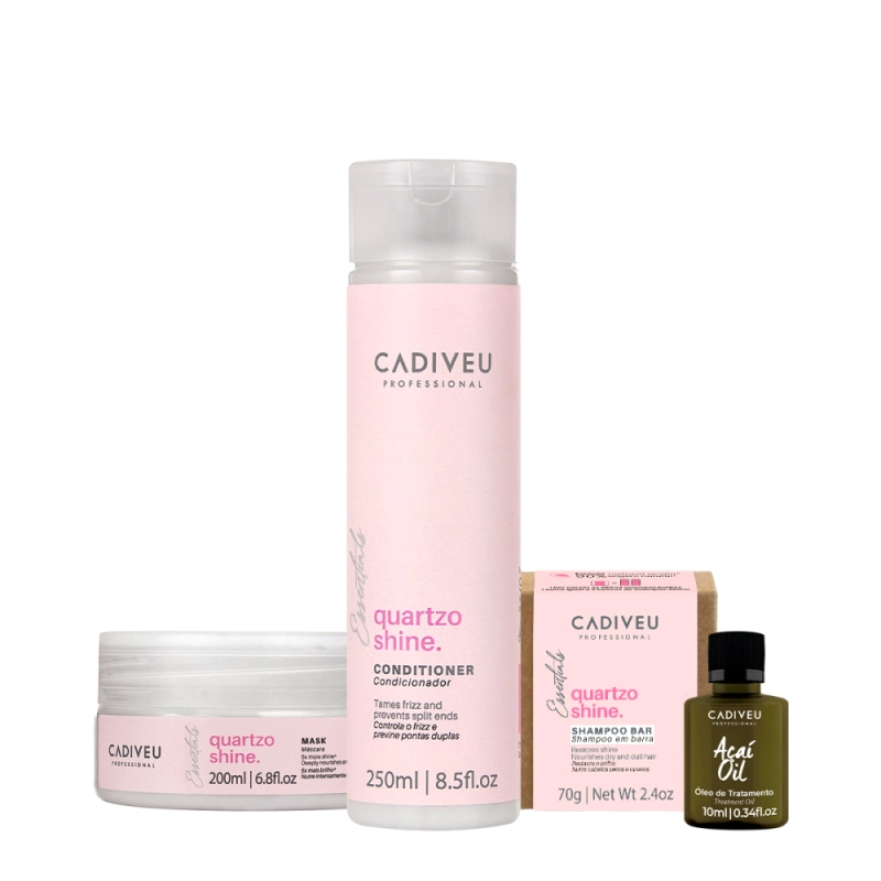 Kit Cadiveu Professional Essentials Quartzo Shine Shampoo em Barra Condicionador Máscara e Açaí Oil (4 produtos) Produto: Kit Cadiveu Professional Essentials Quartzo Shine Shampoo em Barra Condicionador Máscara e Açaí Oil (4 produtos)