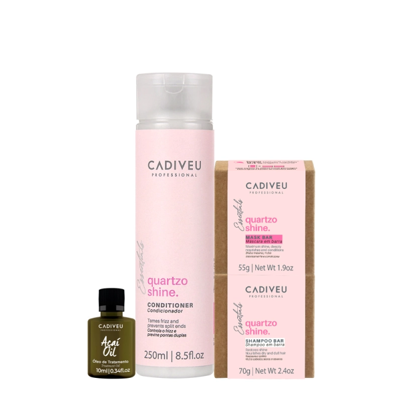 Kit Cadiveu Professional Essentials Quartzo Shine Shampoo em Barra Condicionador Máscara em Barra e Açaí Oil (4 produtos Produto: Kit Cadiveu Professional Essentials Quartzo Shine Shampoo em Barra Condicionador Máscara em Barra e Açaí Oil (4 produtos