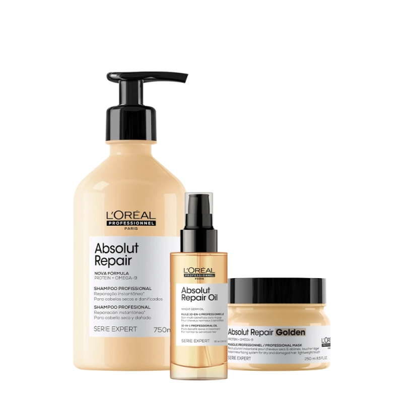 Kit L´Oréal Professionnel Absolut Repair Gold Shampoo 750 Máscara Oil 90 (3 produtos) Produto: Kit L´Oréal Professionnel Absolut Repair Gold Shampoo 750 Máscara Oil 90 (3 produtos)