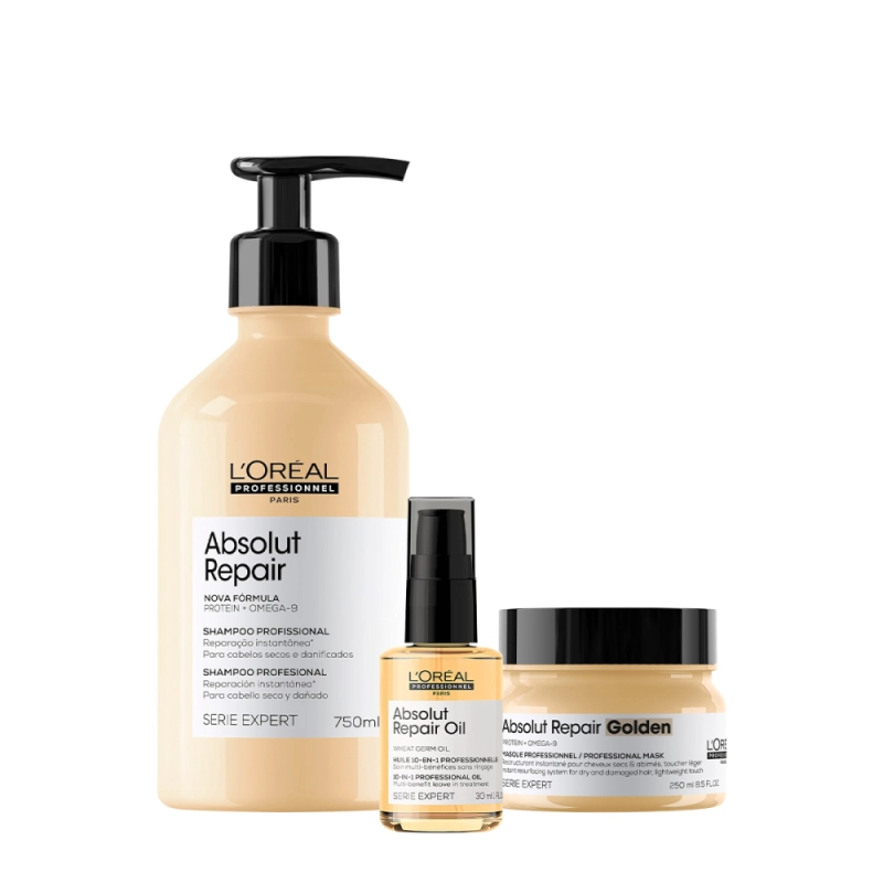 Kit L´Oréal Professionnel Absolut Repair Gold Shampoo 750 Máscara Oil (3 produtos) Produto: Kit L´Oréal Professionnel Absolut Repair Gold Shampoo 750 Máscara Oil (3 produtos)