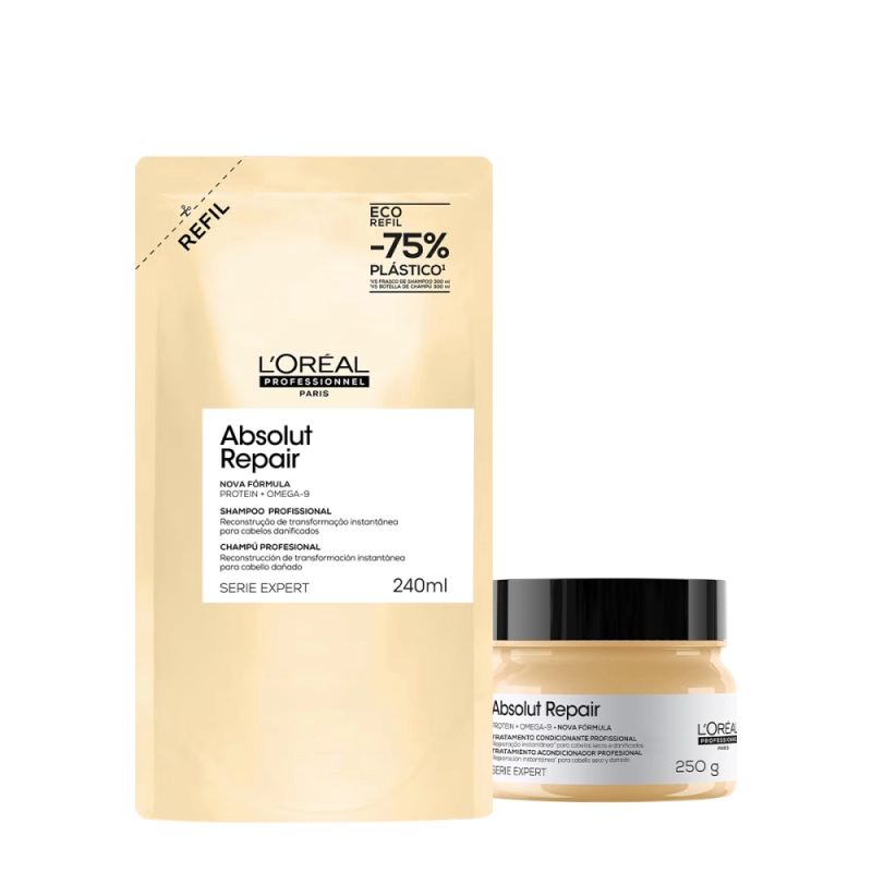 Kit L'Oréal Professionnel Absolut Repair Gold Shampoo Refil Máscara 250 (2 produtos) Produto: Kit L'Oréal Professionnel Absolut Repair Gold Shampoo Refil Máscara 250 (2 produtos)