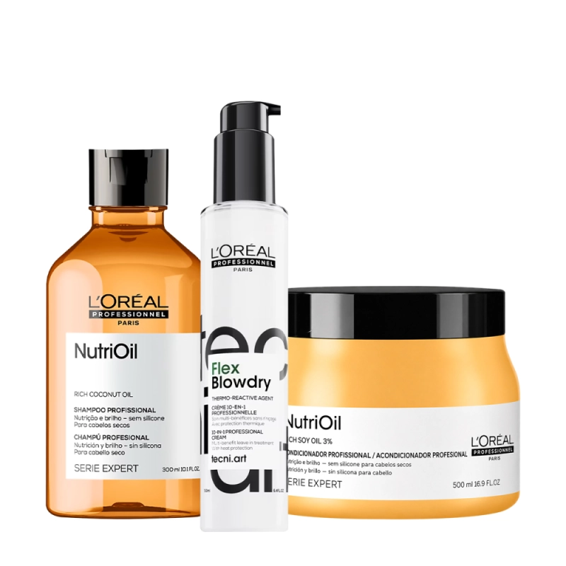 Kit L'Oréal Professionnel Serie Expert NutriOil Shampoo Máscara e Blow Dry Fluidifier Leave-In (3 produtos) Produto: Kit L'Oréal Professionnel Serie Expert NutriOil Shampoo Máscara e Blow Dry Fluidifier Leave-In (3 produtos)