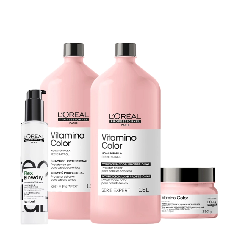 Kit L'Oréal Professionnel Vitamino Color Shampoo Condicionador Máscara e Blow Dry Fluidifier (4 produtos) Produto: Kit L'Oréal Professionnel Vitamino Color Shampoo Condicionador Máscara e Blow Dry Fluidifier (4 produtos)