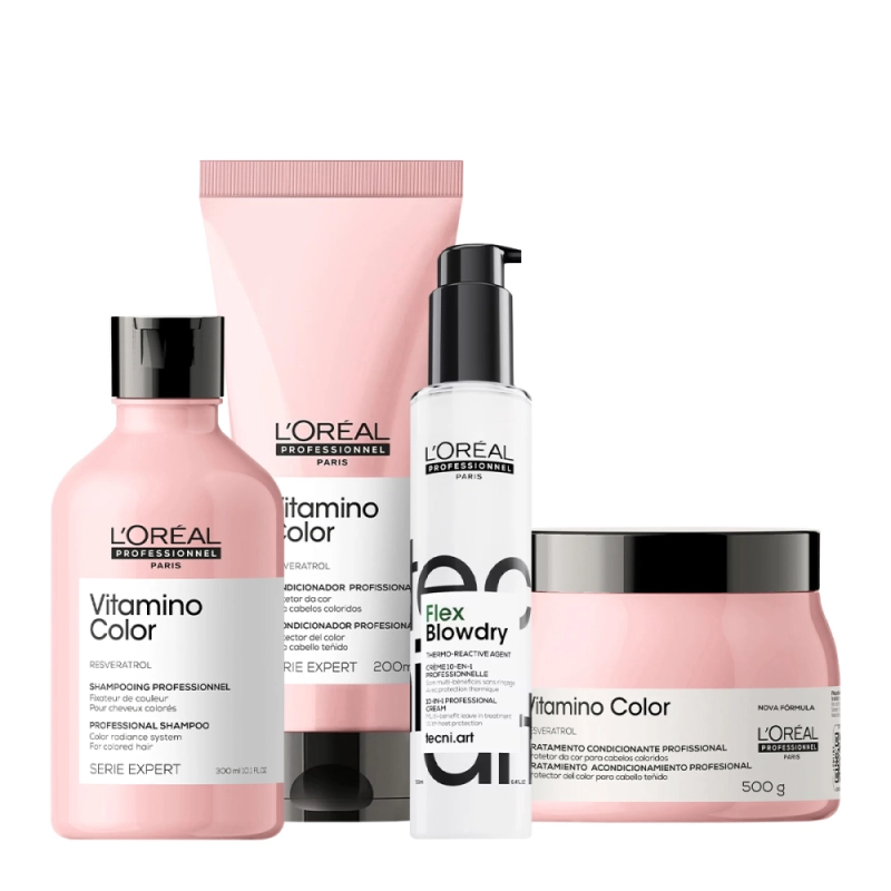 Kit L'Oreal Professionnel Vitamino Color Shampoo Condicionador Máscara e Leave-in (4 produtos) Produto: Kit L'Oreal Professionnel Vitamino Color Shampoo Condicionador Máscara e Leave-in (4 produtos)