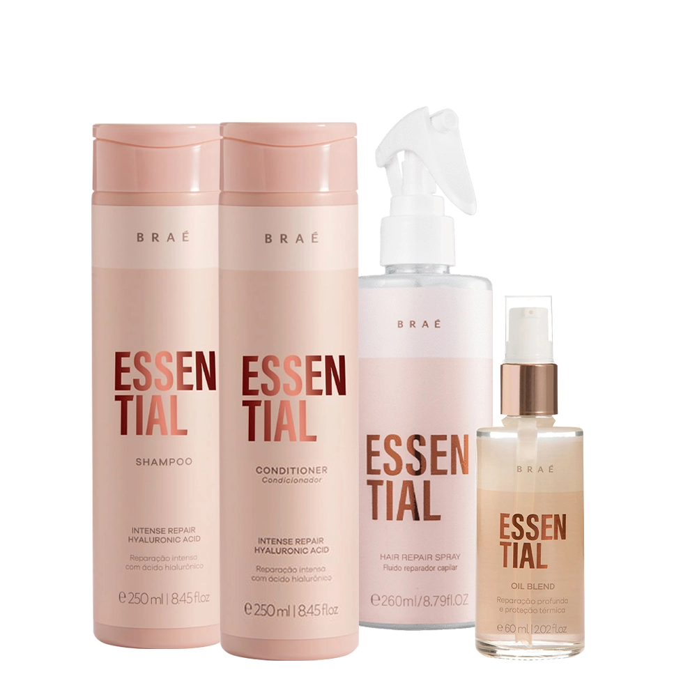 Kit Braé Essential Shampoo Condicionador Oil Blend E Hair Repair Spray (4 Produtos)
