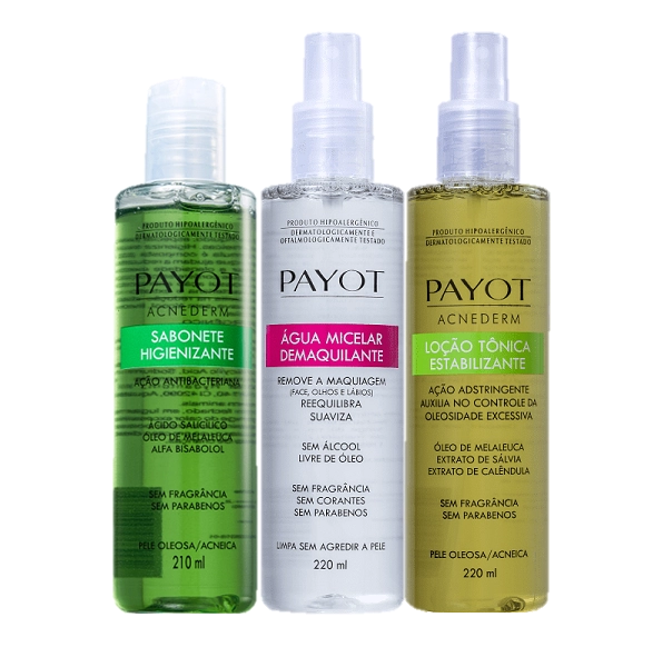 Produto Payot_Acnederm_Sabonete_210ml_Tonico_220ml_Agua_Micelar_Demaquilante_220ml_Evas