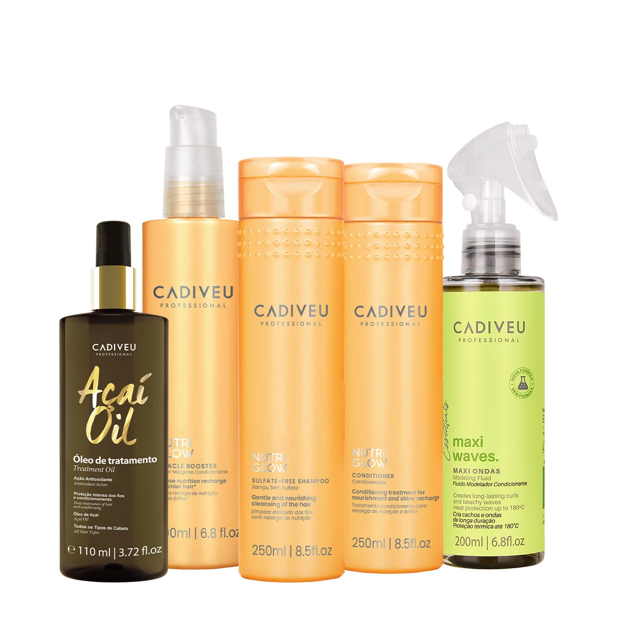 Kit Cadiveu Professional Nutri Glow Shampoo Condicionador Maxi Ondas Booster Pré Shampoo E Açaí Oil 110 (5 Produtos)