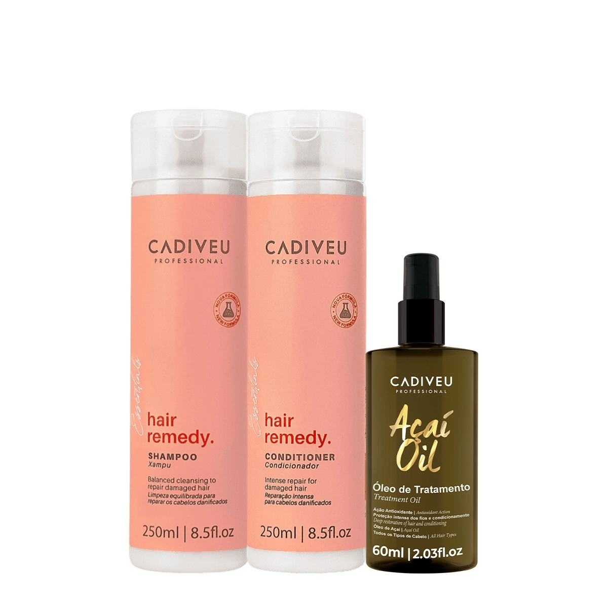 Kit Cadiveu Essentials Hair Remedy Shampoo Condicionador E Açaí Oil 60 (3 Produtos)