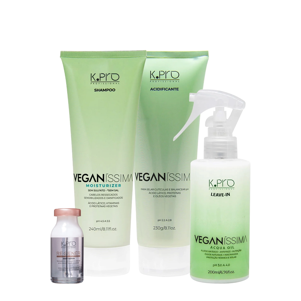Kit K.Pro Veganíssima Moisturizer Shampoo Acidificante Leave-in E Regenér Ampola (4 Produtos)