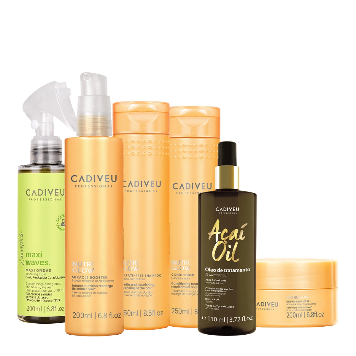 Kit Cadiveu Professional Nutri Glow Shampoo Condicionador Máscara Fluído Leave-in E Açaí Oil 110 (6 Produtos)