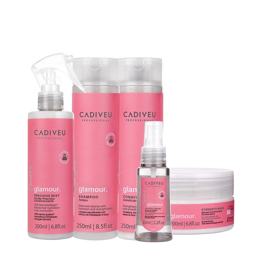 Kit Cadiveu Profissional Essentials Glamour Shampoo Condicionador Sérum Máscara E Fluído (5 Produtos)