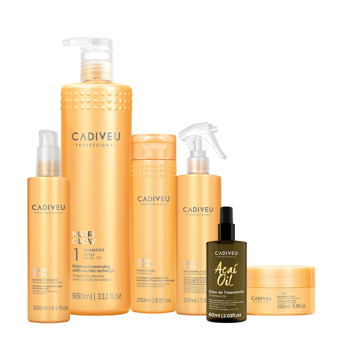 Kit Cadiveu Professional Nutri Glow Shampoo Condicionador Máscara Fluído Booster E Açaí Oil 60 (6 Produtos)