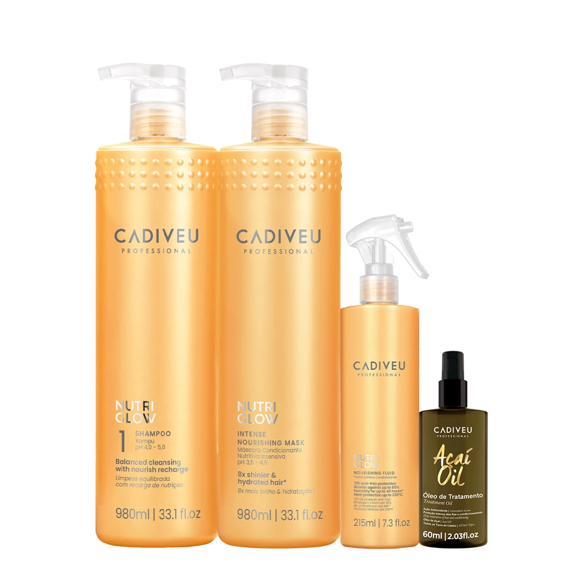 Kit Cadiveu Professional Nutri Glow Shampoo Máscara Fluído G E Açaí Oil 60 (4 Produtos)