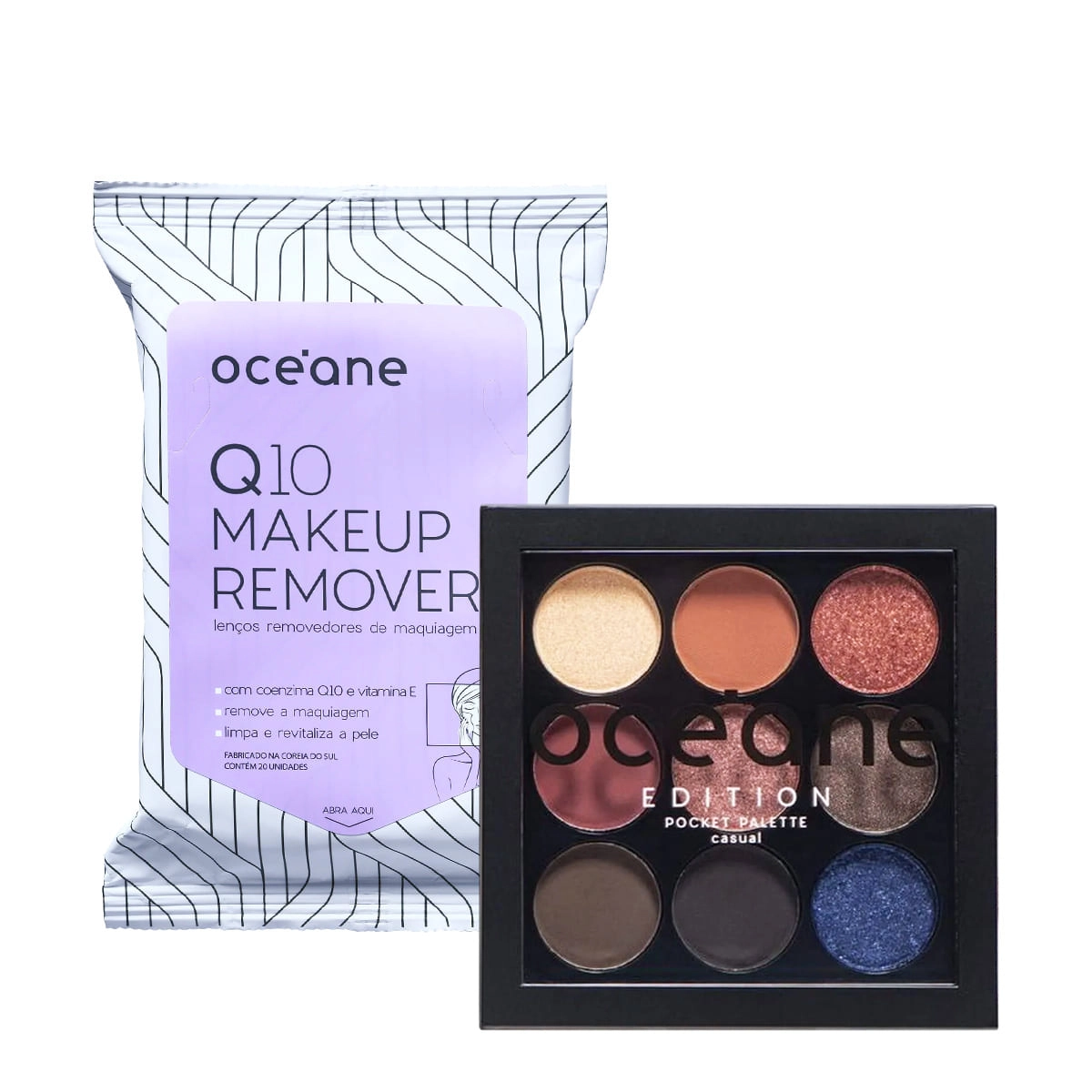 Kit Océane Q10 Makeup Lenço Demaquilantee E Pocket Palette Casual Paleta De Sombras (2 Produtos)